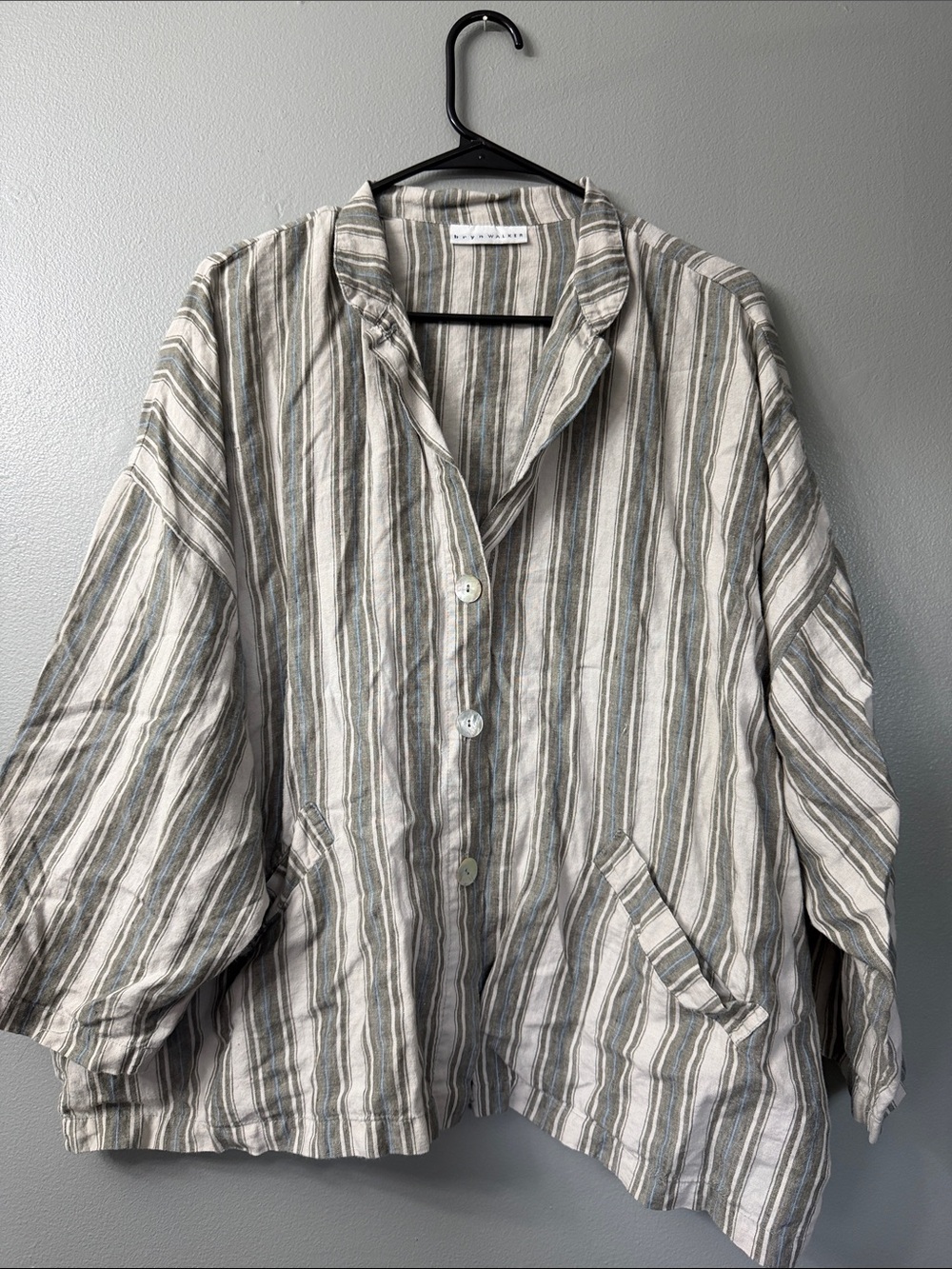 Bryn Walker linen Striped Relaxed Button-Front Cotton Jacket - Beige Gray medium